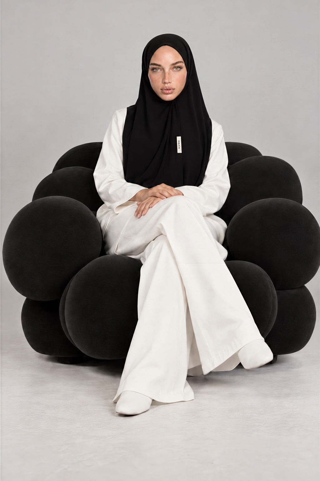 Premium Jersey Scarf in Black, styled with a white two-piece
