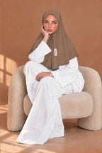 Premium Jersey Scarf in Taupe, styled with a white two-piece
