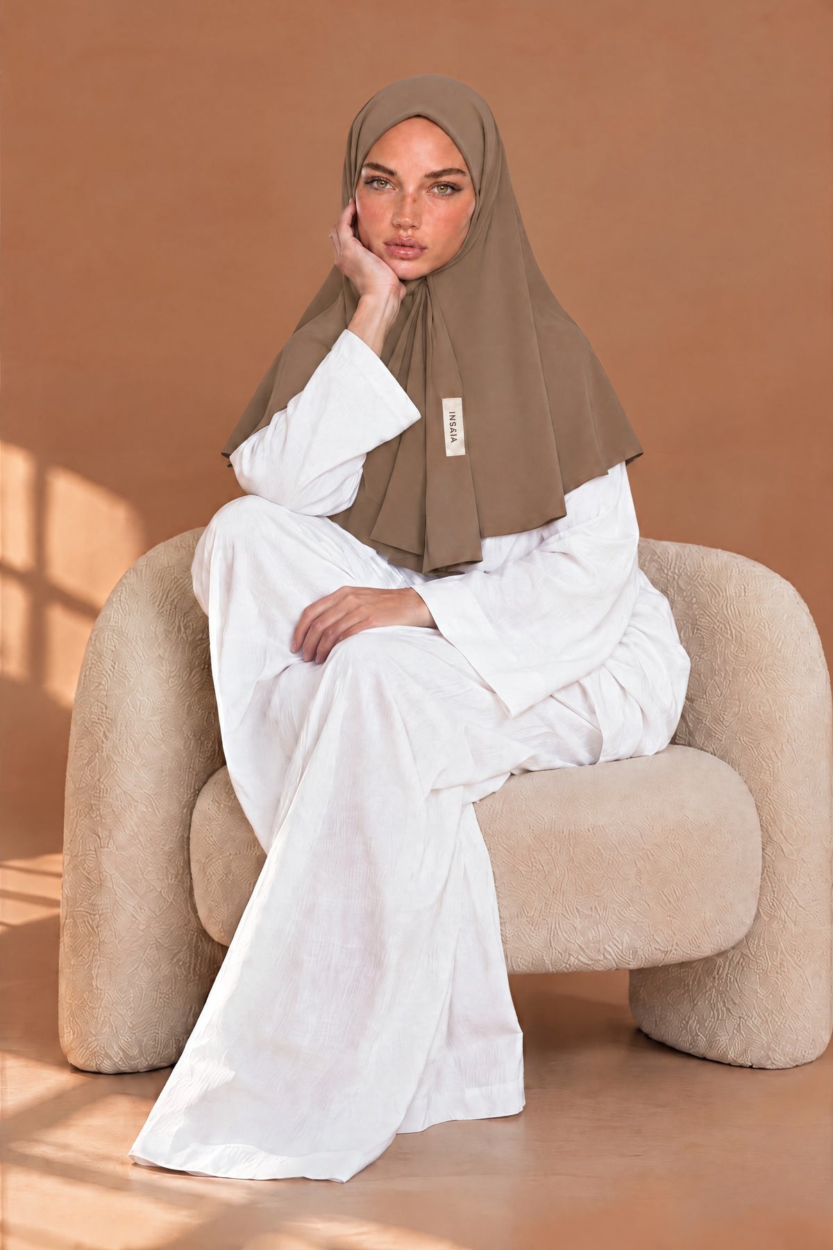 Premium Jersey Scarf in Taupe, styled with a white two-piece